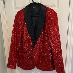 SHEIN Red Sequin Blazer with Black Lapel